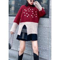 Cute red clothes For Women side open fall fashion patchwork knit sweat tops