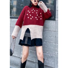 Cute red clothes For Women side open fall fashion patchwork knit sweat tops