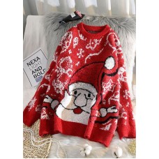 Aesthetic o neck red knit tops oversize Santa Claus top