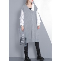 Women gray Sweater dress outfit Design Funny v neck knitted tops