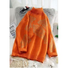 Chunky orange crane tops high neck oversize wild knitwear