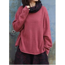 Vintage high neck red sweaters plus size long sleeve clothes For Women