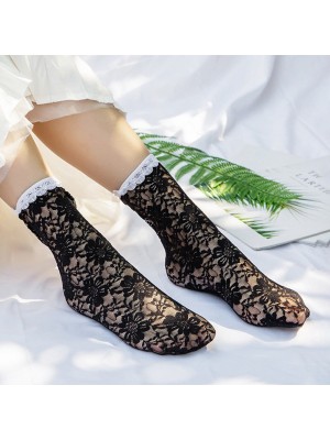5 Pairs Women Cotton Nylon Jacquard Floral Lace  trimmed Breathable Comfy Silk Stockings