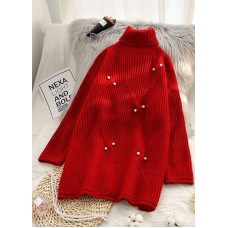 Chunky high neck red sweaters casual Rivet knit top silhouette